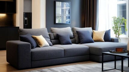 Wall Mural - Modern Sectional Sofa with Pillows in a Living Room