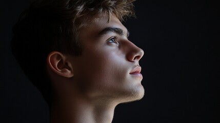 Young Man Gazing into the Future:  A contemplative portrait of a young man with a determined gaze, his profile illuminated against a dark backdrop. 