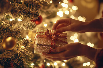 Wall Mural - woman holding a sparkling gift in her hands in front of a decorated christmas tree
