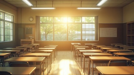 Wall Mural - A clean classroom with a single light on, desks arranged neatly, and sunlight streaming in,