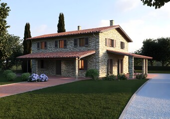 Poster - Stone Exterior Italian Country House with Red Roof and Green Lawn