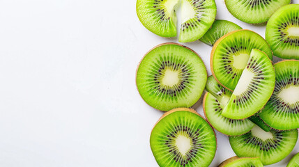 Freshly sliced kiwi fruits arranged on a clean white surface, showcasing vibrant green color and unique texture.