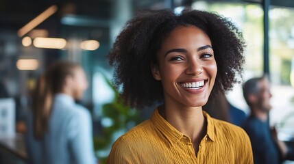 Poster - Confident Leader, Radiant Smile: A young Black woman exudes confidence and charisma, her infectious smile lighting up a modern office setting. 