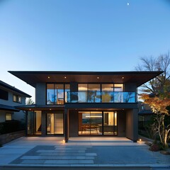 Sticker - Modern House with Glass Balcony and Stone Patio