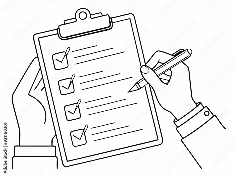 continuous single line drawing of hands holding clipboard with ...