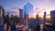 © Thirawat - The towering presence of a skyscraper in a bustling city, with its glass facade catching the light of the setting sun.