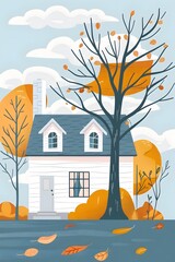 Wall Mural - Autumn House with Falling Leaves Illustration