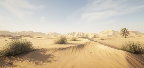 Poster - The tranquil desert environment presents a wide view of gentle dunes and sparse vegetation under a clear sky,