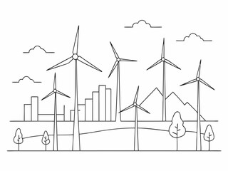 Wall Mural - continuous single line drawing of wind farm, renewable energy wind turbines line art vector illustration
