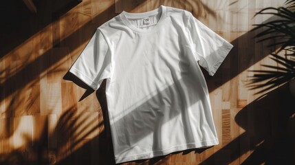 Canvas Print - White T-Shirt on a Wooden Surface with Sunlight