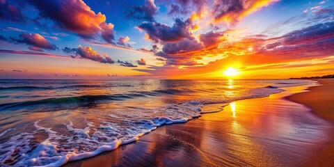Wall Mural - Vibrant sunset on a tranquil beach with calm waves lapping the shore, sunset, beach, ocean, horizon, tropical, colorful