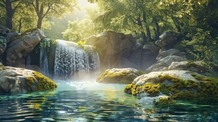 Poster - The tranquil waterfall gently flows over smooth rocks into a serene pool