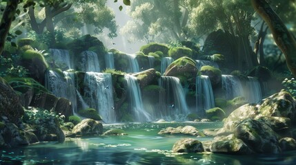 Poster - The tranquil waterfall gently flows over smooth rocks into a serene pool