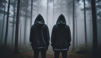 hoodie person standing in the foggy and dark forest. The man is lost or searching with a grunge, grainy concept created with generative ai.	
