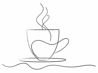 Wall Mural - continuous single line drawing of cup with steaming hot coffee or tea, line art vector illustration
