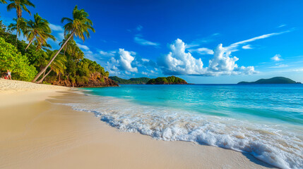 Wall Mural - A tropical beach with palm trees swaying by the blue ocean under a clear sky. The golden sand stretches into the distance, perfect for a summer vacation scene.