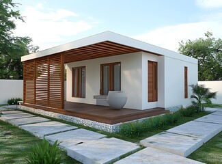 Sticker - Modern Minimalist House with Wooden Deck and Patio