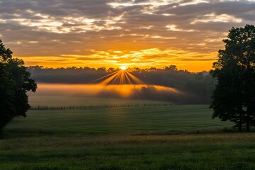 Poster - Golden Sunrise Over Green Field