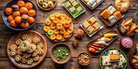 Sticker - Top view of assortment of Indian sweets and pastries on rustic wooden table, Indian, sweets, pastries, dessert