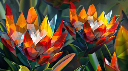 A close-up of two brightly colored flowers with triangular petals, surrounded by green foliage. The flowers are a mix of red, orange, yellow, and white.