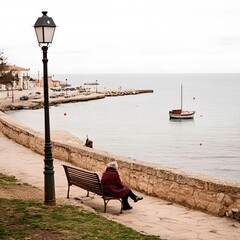 Canvas Print - Woman Sitting on a Bench overlooking the Ocean