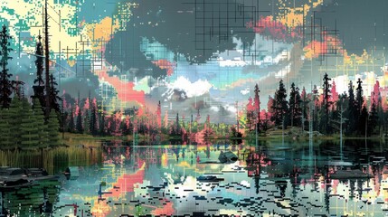 A digital abstract painting of a forest and lake scene. The scene is distorted with pixelation and grid-like patterns, creating a dreamlike and surreal effect.