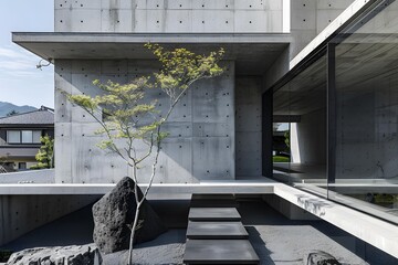 Sticker - Modern Concrete House with Green Tree and Stone Steps