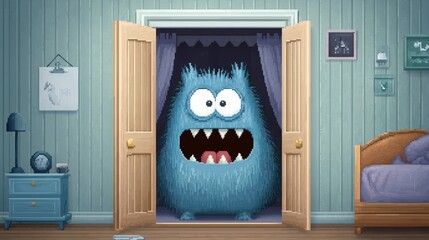 A pixel art monster with goofy features, popping out of a closet in a cartoon bedroom