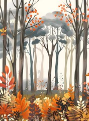 Canvas Print - Autumn Forest Illustration With Colorful Leaves And Trees