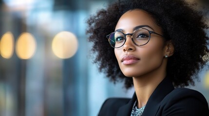 Poster - Confident Visionary: A young Black woman exudes confidence and ambition, her gaze steady behind stylish glasses in a modern office setting. 