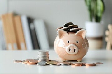 Piggy bank filled with coins, financial planning, Watercolor style