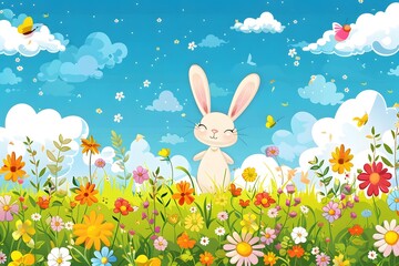 Sticker - Cute Rabbit in Spring Meadow with Flowers and Butterflies