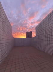 Canvas Print - Rooftop Patio With Sunset Sky and City Skyline