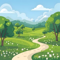 Wall Mural - Green Meadow with Winding Path and Mountain View