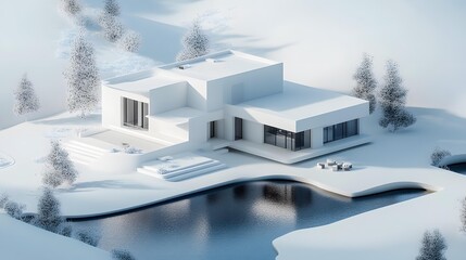 Modern Minimalist White House with Pond