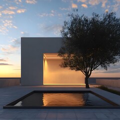 Canvas Print - Minimalist Architecture with Olive Tree and Pool