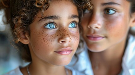 Two young girls with expressive blue eyes and freckles pose for a close-up portrait together.