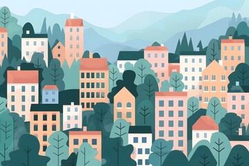 Wall Mural - Green City with Colorful Buildings and Mountains Illustration