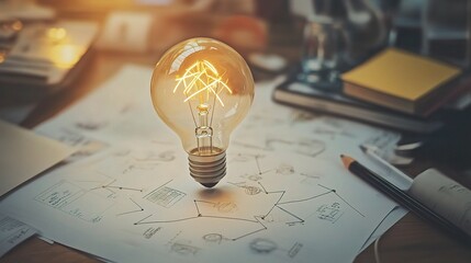 Wall Mural - Glowing Idea: A single incandescent light bulb illuminates a sheet of paper with a hand-drawn diagram, symbolizing innovation, inspiration, and the genesis of a brilliant thought. 