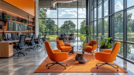 Poster - Modern Office Interior with a View of a Pond and Trees