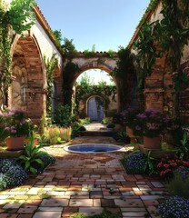 Wall Mural - Secluded Garden Courtyard With Arched Entrance And Small Water Feature