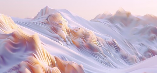 A scenic view of snow capped mountains bathed in soft, golden light, creating a breathtaking winter landscape.