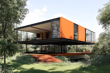 Modern House with Orange Walls and Glass Windows