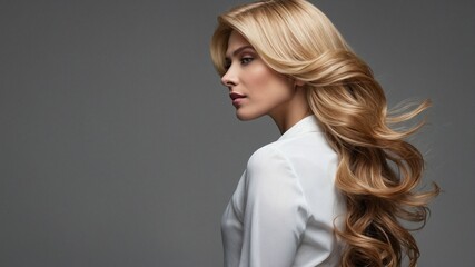  A young woman with long wavy brown hair that cascades over her shoulders