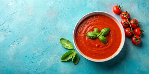 Wall Mural - Bowl of tomato soup with basil on light blue background. Top view , tomato soup, basil, bowl, light blue, background, top view