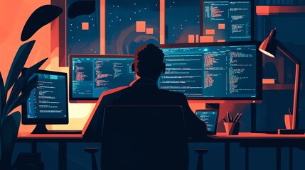 A silhouette of a programmer immersed in coding, surrounded by screens and a vibrant night setting, symbolizing innovation.