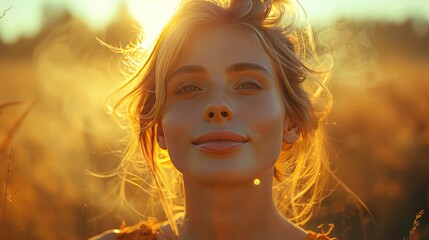 Poster - Golden Hour Portrait of a Smiling Woman