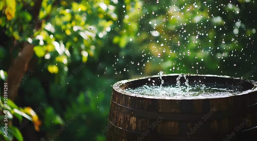 A rain barrel is filling with water during the monsoon season ...