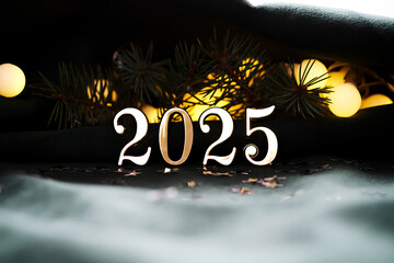 Wall Mural - new year's holiday background with bokeh with the number of the year 2025.