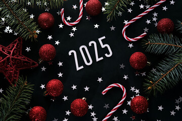 Wall Mural - new year 2025 dark background. number of the coming year in christmas decoration.